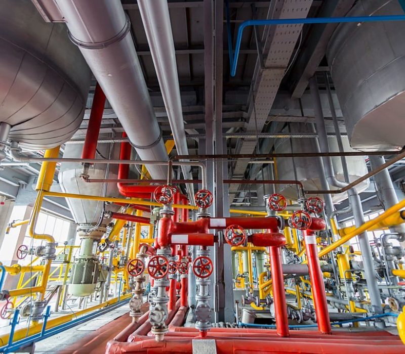 Pipelines of an oil refinery from the inside.